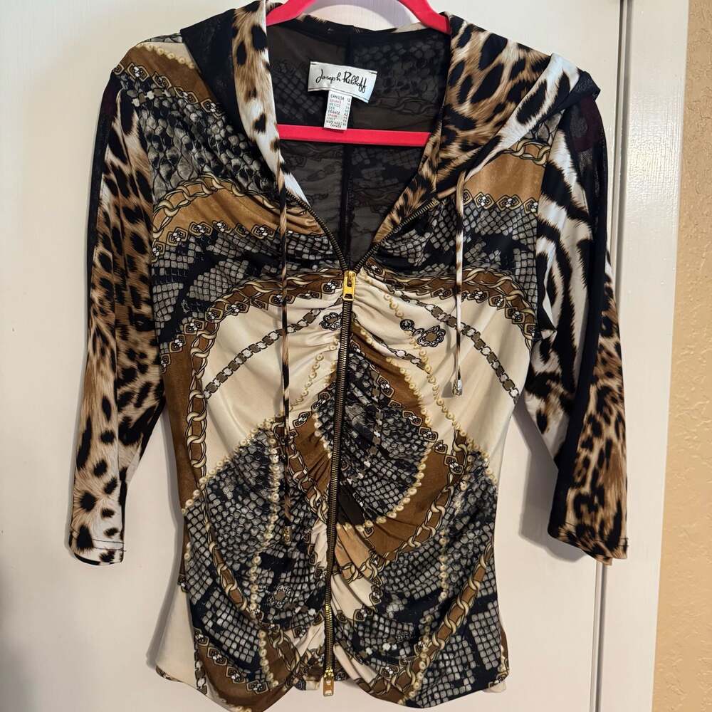 Joseph Ribkoff Womenโs Size 12 Animal Print Leopard Snake Chain Hooded Zip Top